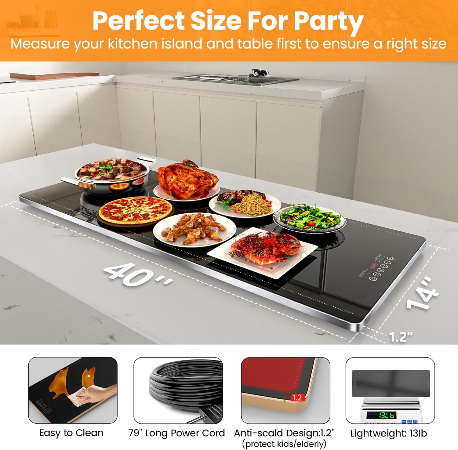 Electric Warming Tray (XXL 40x 14), Food Warming Mat with Touch Screen, 9 Level Temp & 24H Timer, Food Warmer Mats Full Surface Heating, Reinforced Glass Food Warmers for Parties Buffet, Gatherings